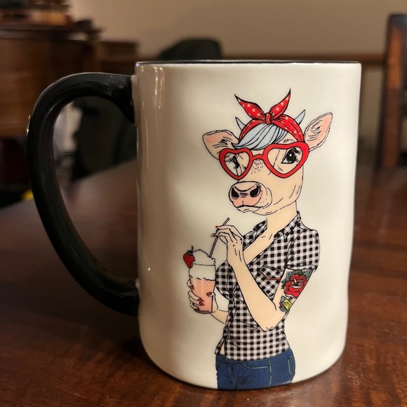 Signature Housewares Cow Graphic Coffee Mug Heart Glasses Red Bandana Tattoo - Picture 2 of 4